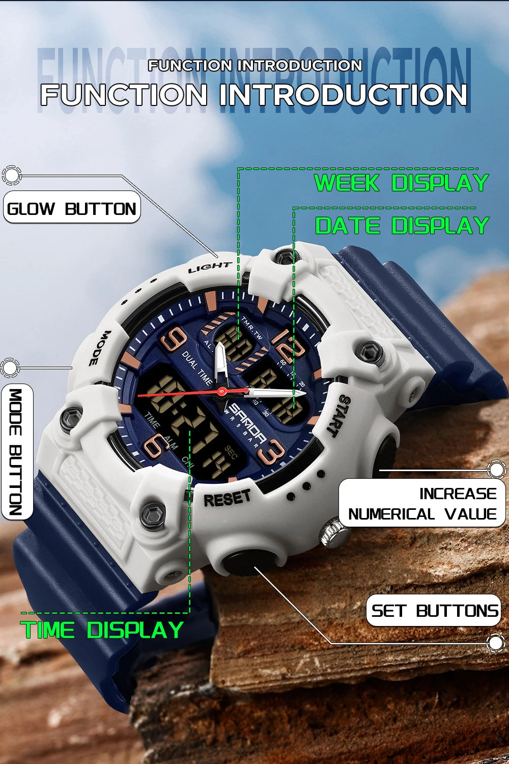 Reloj Digital Deportivo SANDA Pantalla Dual Resistente al Agua 5 Bar