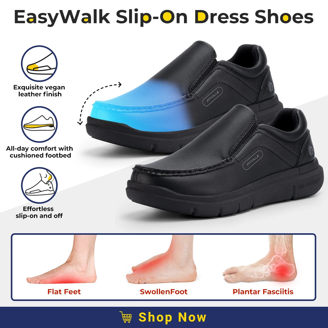 Zapatos Fitville para hombre, zapatos informales sin cordones de cuero de ancho, ligeros para pies hinchados con soporte para el arco, alivio del dolor