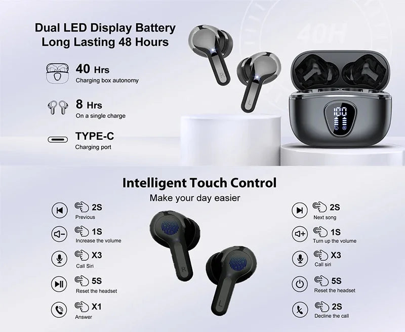 Auriculares Inalámbricos Bluetooth 5.3 ANC HiFi 48H Pantalla LED