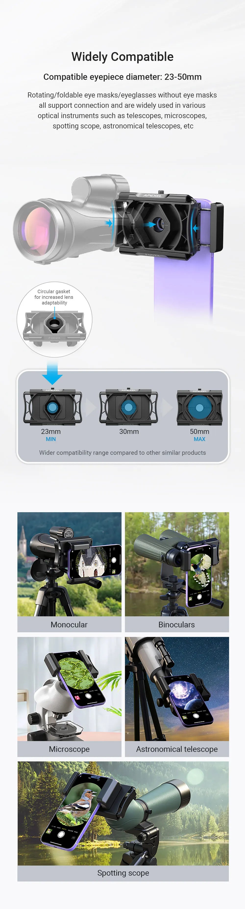 Adaptador Universal 360° para Teléfono en Telescopio APEXEL