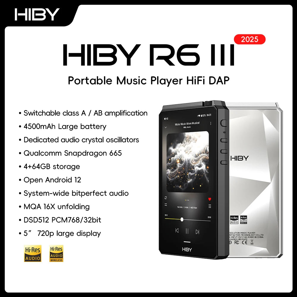 HiBy R6III 2025 / R6 Gen 3 Reproductor de Música Android 12 MP3 USB DAC HIFI WiFi Bluetooth 5.0 CS43198 *4 MQA16x DSD512 PCM768 4500mAh