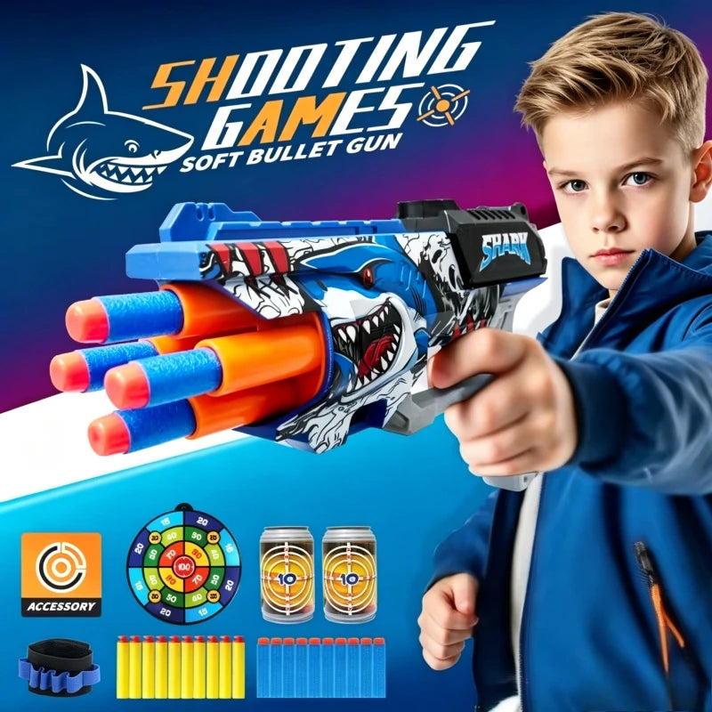 Set de Pistola de Juguete Interactiva de 4 Disparos con Diseño de Tiburón y Dardos de Espuma EVA, con Correa para la Muñeca, Juego de Tiro, Regalo