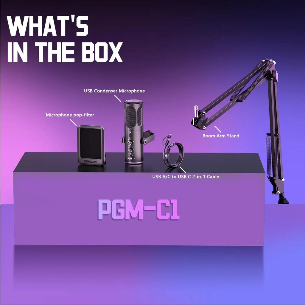 Micrófono USB para Juegos PUPGSIS, Micrófono de Condensador con Cancelación de Ruido, Silenciador, Ganancia, Luces RGB, Soporte de Brazo para Streaming, PC