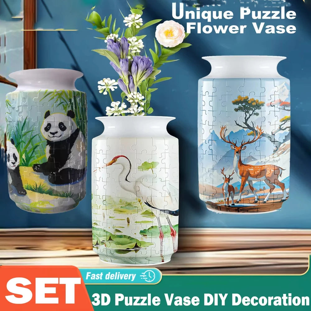 Florero Rompecabezas 3D Decoración del Hogar Diseño Panda y Flores