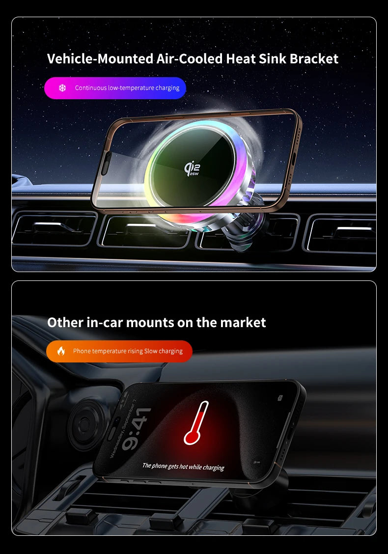 Cargador Inalámbrico Magnético Qi2.2 de 25W para Coche con Refrigeración por Aire, Estación de Carga Rápida, Soporte para Teléfono con Ventilación para iPhone 17-12 Pro Max