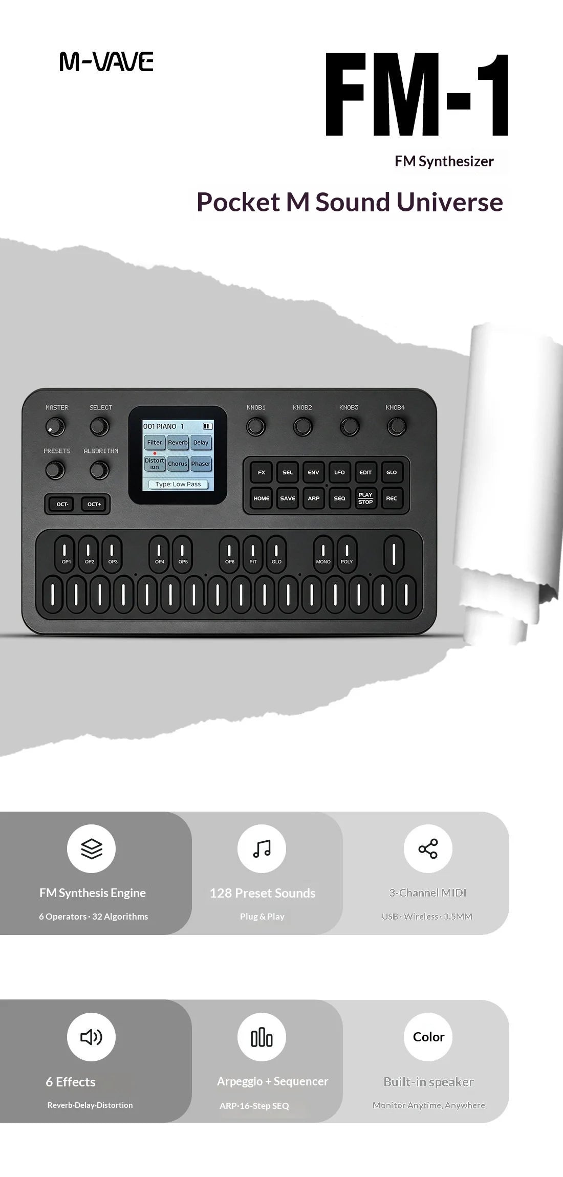 Sintetizador FM Portátil M-Vave FM-1, 6 Operadores, 32 Algoritmos, 128 Preajustes, Altavoz Integrado, Bluetooth, MIDI, Batería de 12h, Regalo Navideño