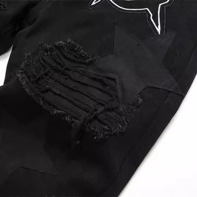 Pantalones Vaqueros Negros Rasgados Retro para Hombre, Pierna Recta