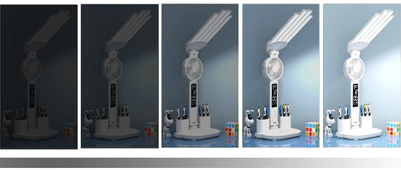 Lámpara de escritorio multifuncional 3 en 1, lámpara LED de escritorio plegable de cuatro cabezales con ventilador, calendario, reloj, lámpara de escritorio de oficina de lectura recargable por USB