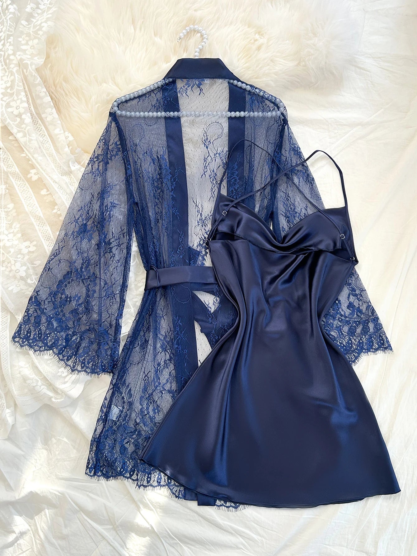 Conjunto de Camisón y Bata de Encaje para Mujer — Ropa de Dormir Sexy