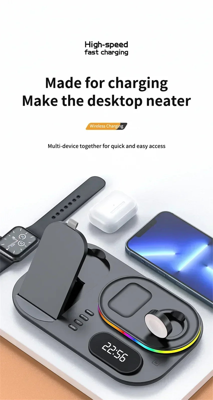 Base de Carga Inalámbrica 4 en 1, Estación de Carga Rápida de 15W para iPhone 12-17, Samsung Galaxy Watch, iWatch, Auriculares Xiaomi