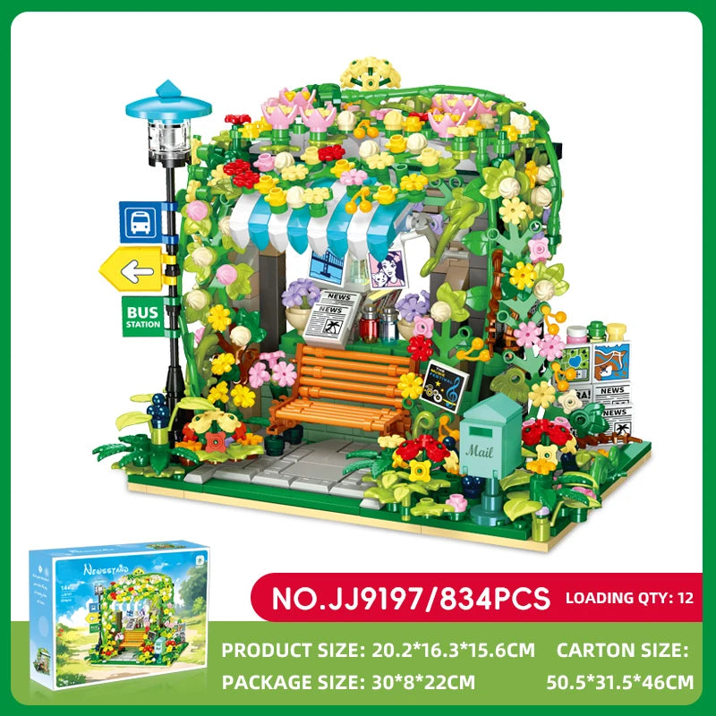 JJ9197 Bloques de Construcción de Parada de Autobús con Escena Urbana, Modelo MOC DIY, Decoración de Escritorio, Regalo Coleccionable para Adultos, Cumpleaños, Festividades