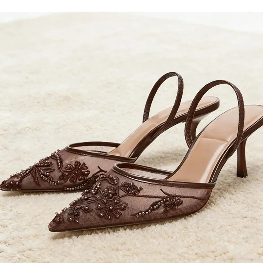 Sandalias de Tacón Alto con Malla Bordada y Cuentas para Mujer