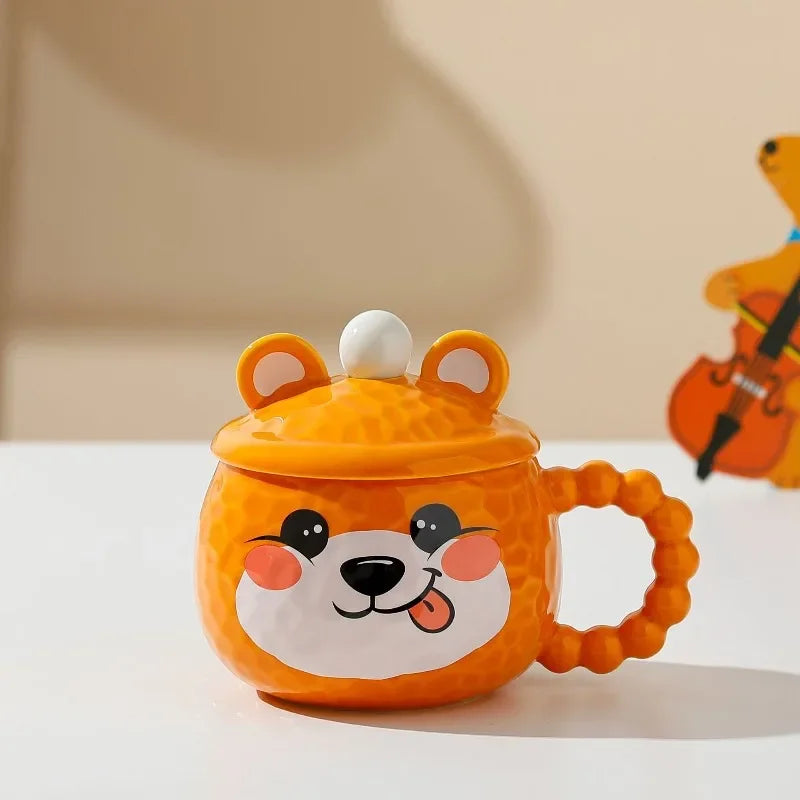 Taza de cerámica con diseño de animal, con tapa y cuchara