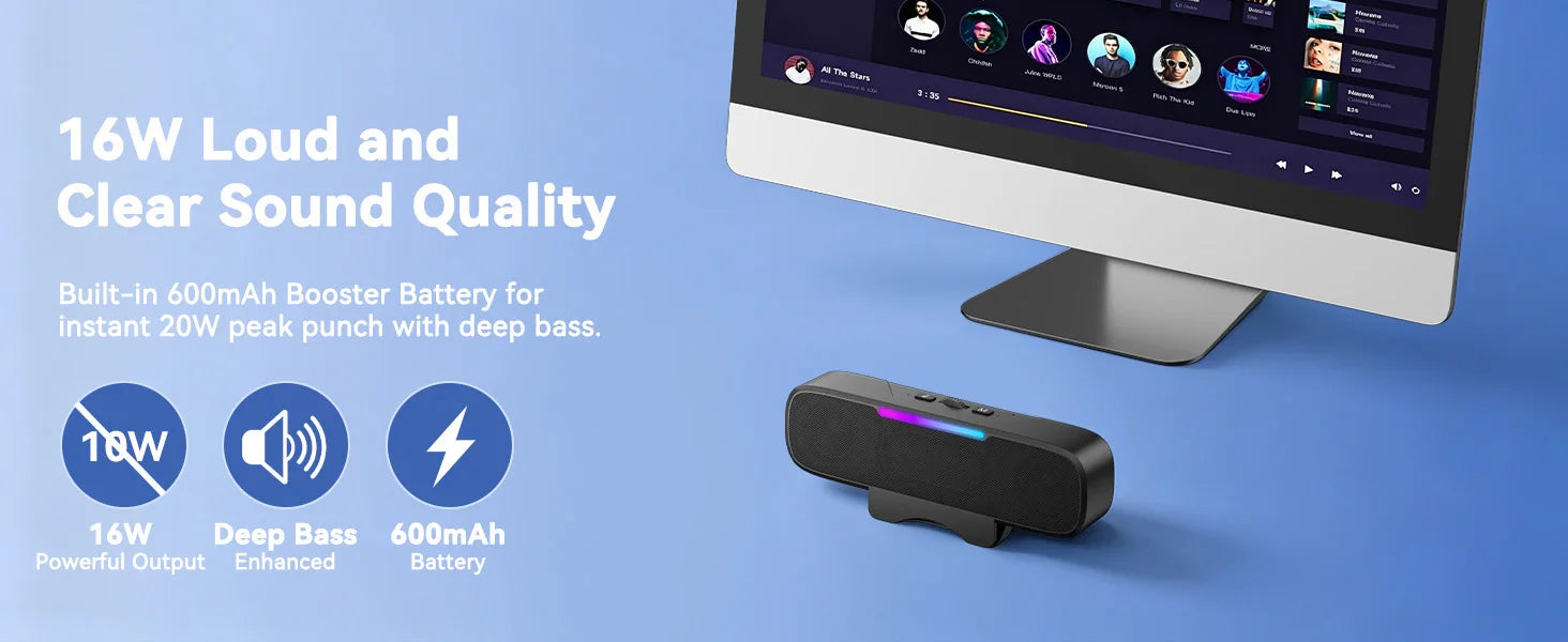 Barra de Sonido USB y Bluetooth para PC, Alimentada por USB con Altavoz y Bluetooth para Conexión a Teléfonos Inteligentes, Se Fija a Monitores