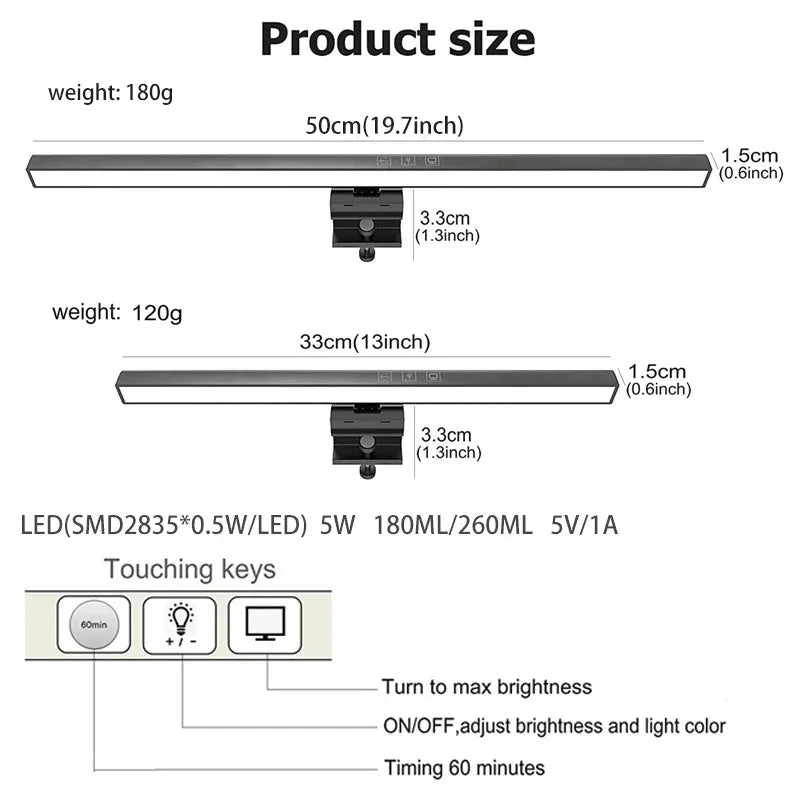 Lámpara de escritorio para el cuidado de los ojos, 50cm, LED, Monitor de ordenador, pantalla de PC, barra de luz, atenuación continua, lectura, lámpara de mesa colgante alimentada por USB