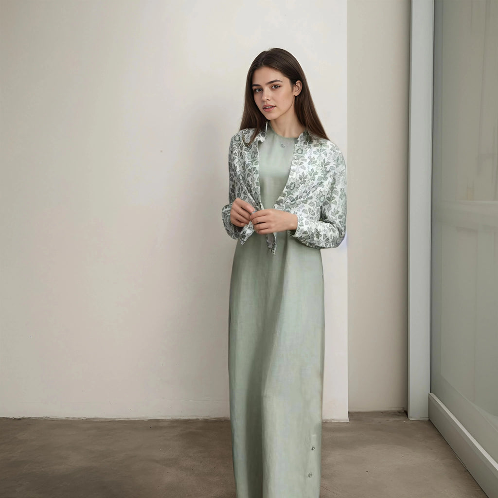 Otoño Invierno Casual mujer Camisa de lino de algodón estampado de moda vestido largo conjunto con blusa de bolsillo elegante señora calle conjunto de 2 piezas
