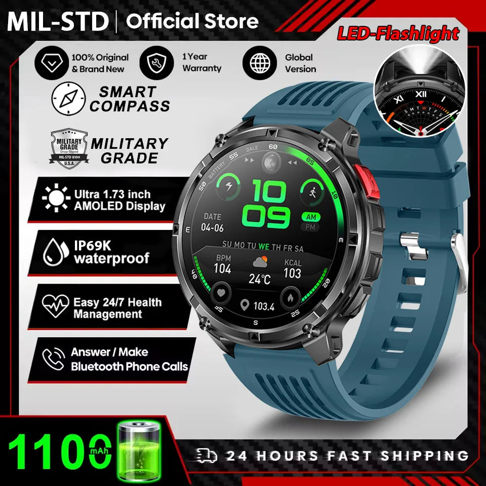 Reloj Inteligente AMOLED 1100mAh con Linterna LED, IP69 y Llamadas Bluetooth