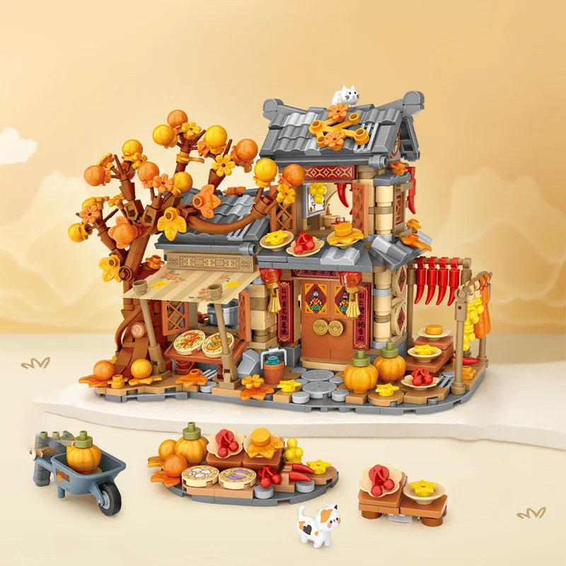 LOZ-1379 Bloques de construcción de casa de sol y otoño, conjunto de modelo educativo de casa de madera, juguetes de bloques de construcción para niños, regalos de cumpleaños