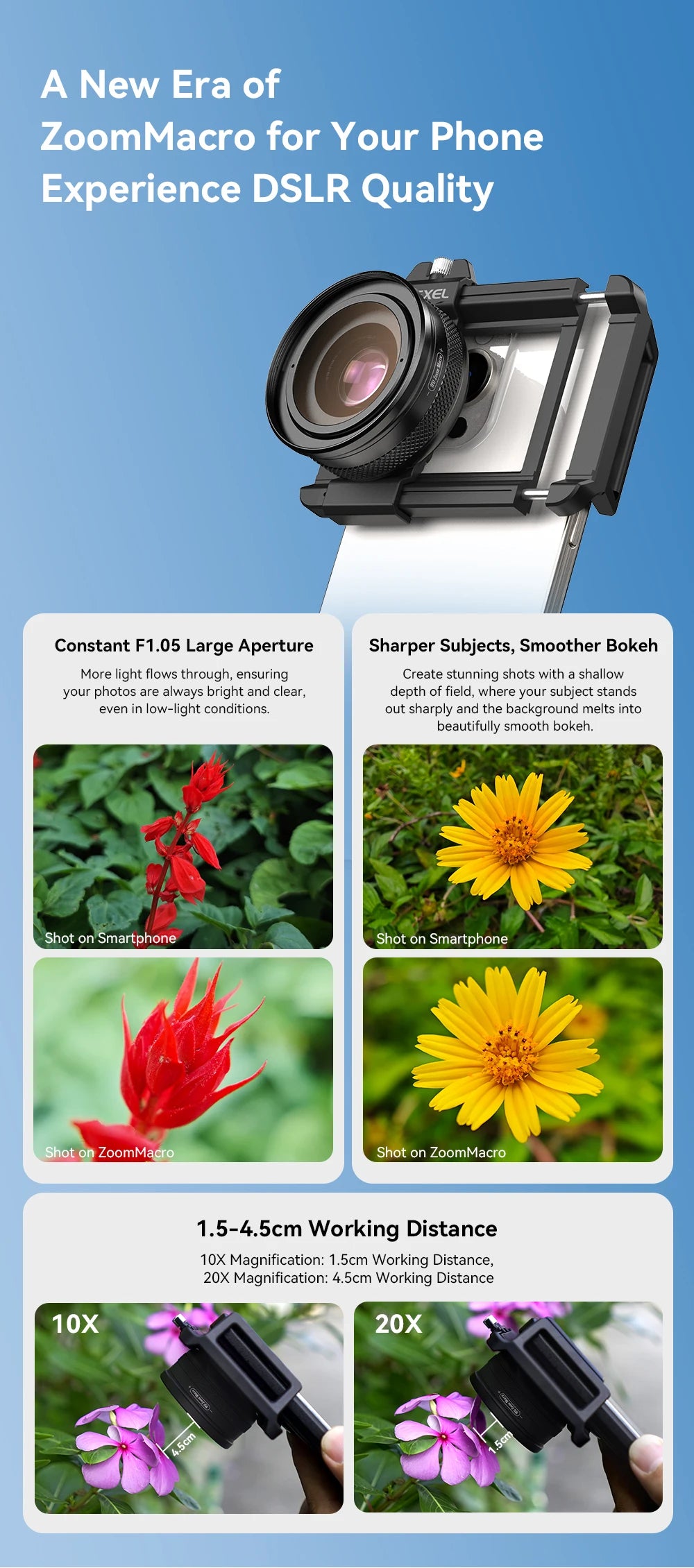 Lente Macro APEXEL 10-20X HD con Luz LED para Smartphones