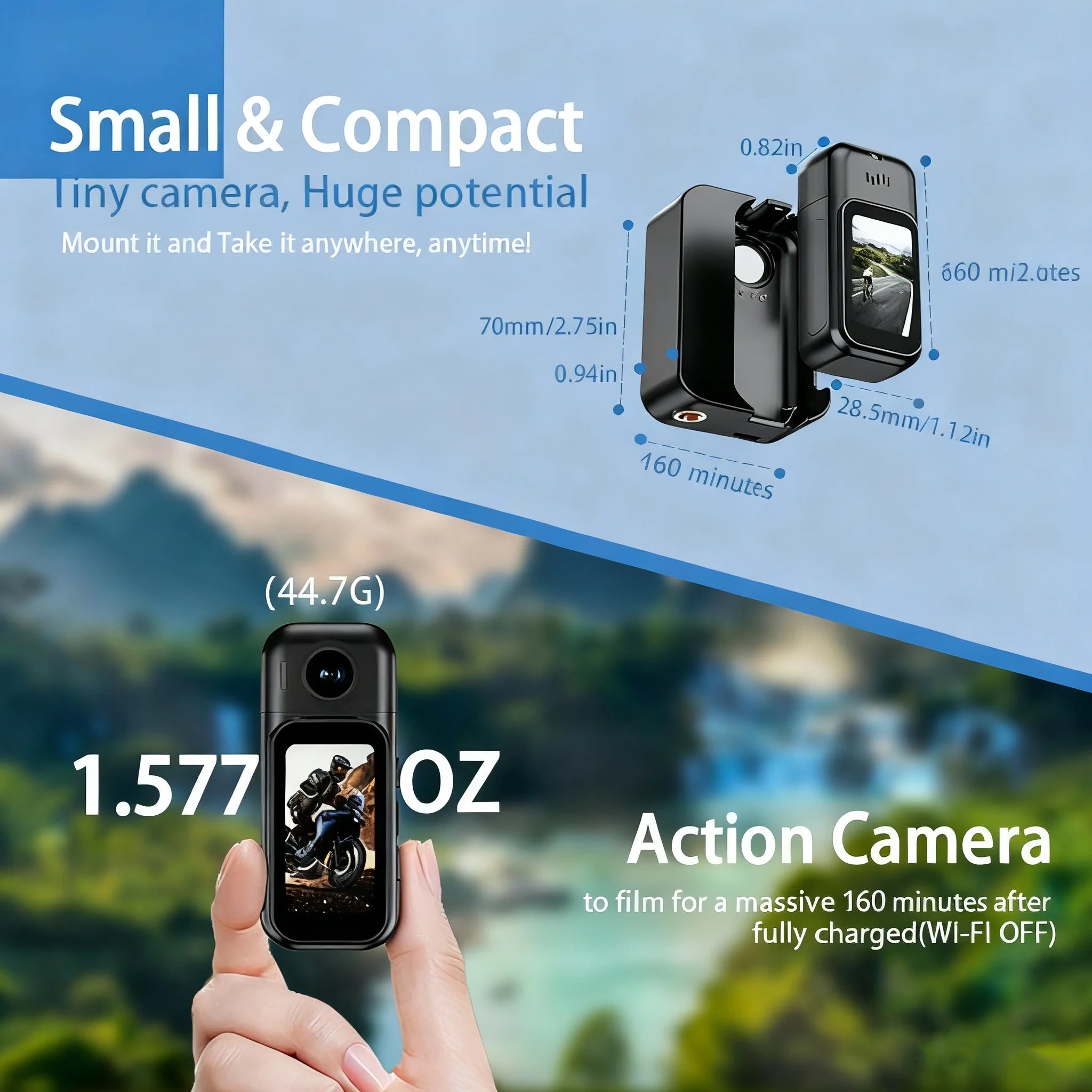 Mini cámara de acción POV FHD con WiFi, pantalla táctil IPS y resistencia al agua 40m