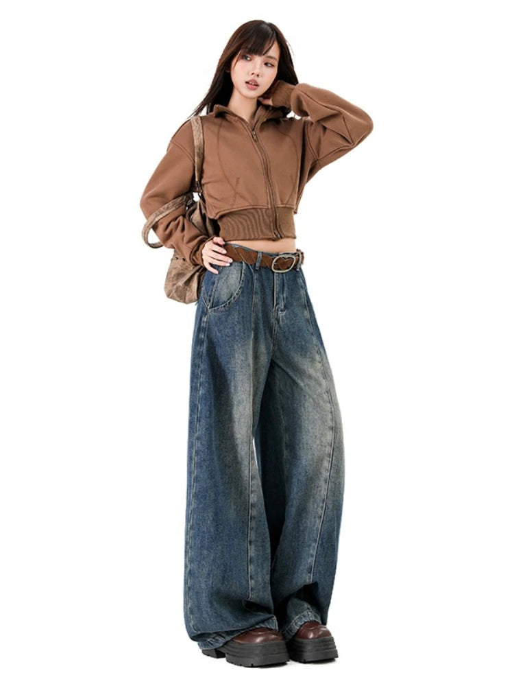 Pantalones Vaqueros Holgados Retro para Mujer, Corte Recto con Forro de Felpa