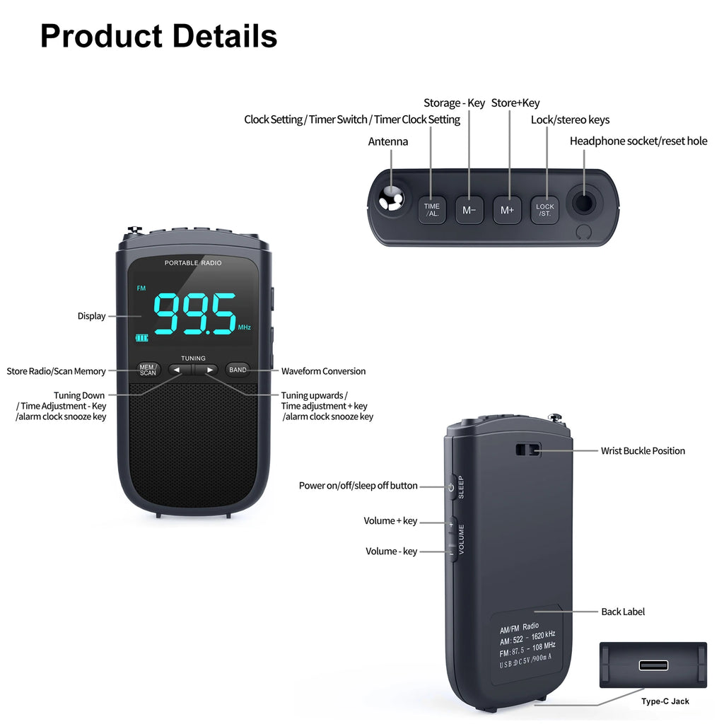 Mini Radio portátil AM/FM recargable con altavoz estéreo y despertador