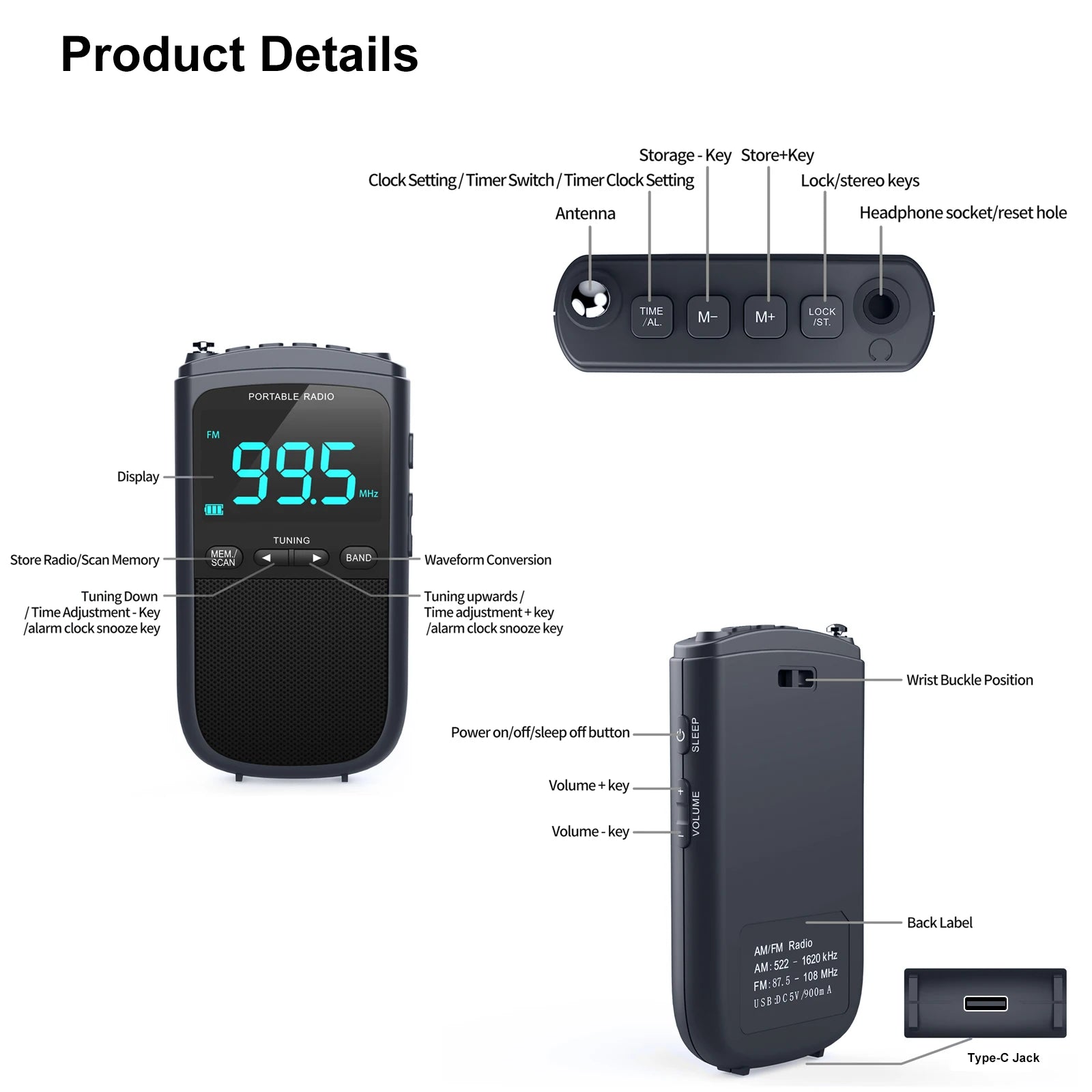 Mini Radio portátil AM/FM recargable con altavoz estéreo y despertador