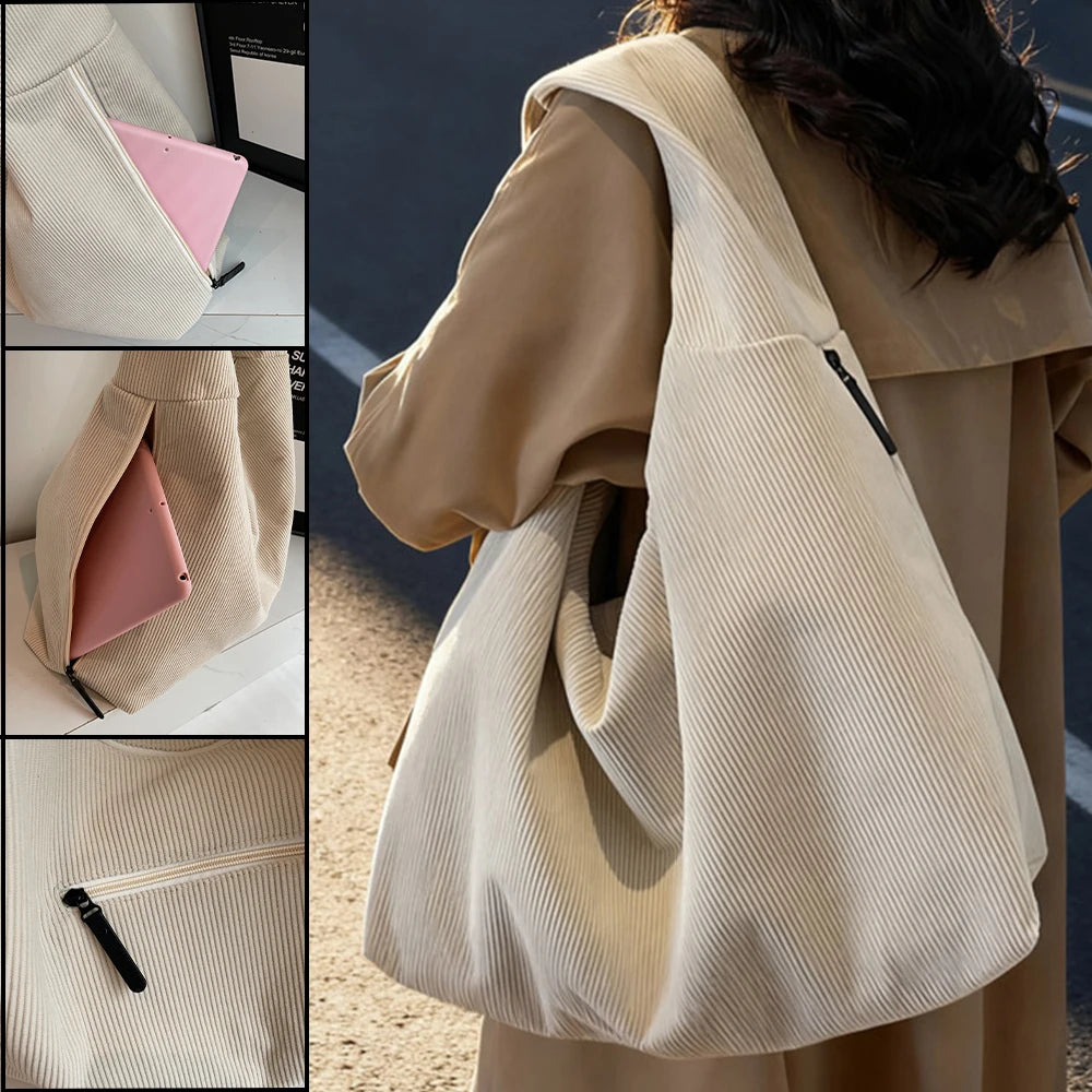 Bolso de Hombro Vintage de Pana, Gran Capacidad con Múltiples Bolsillos