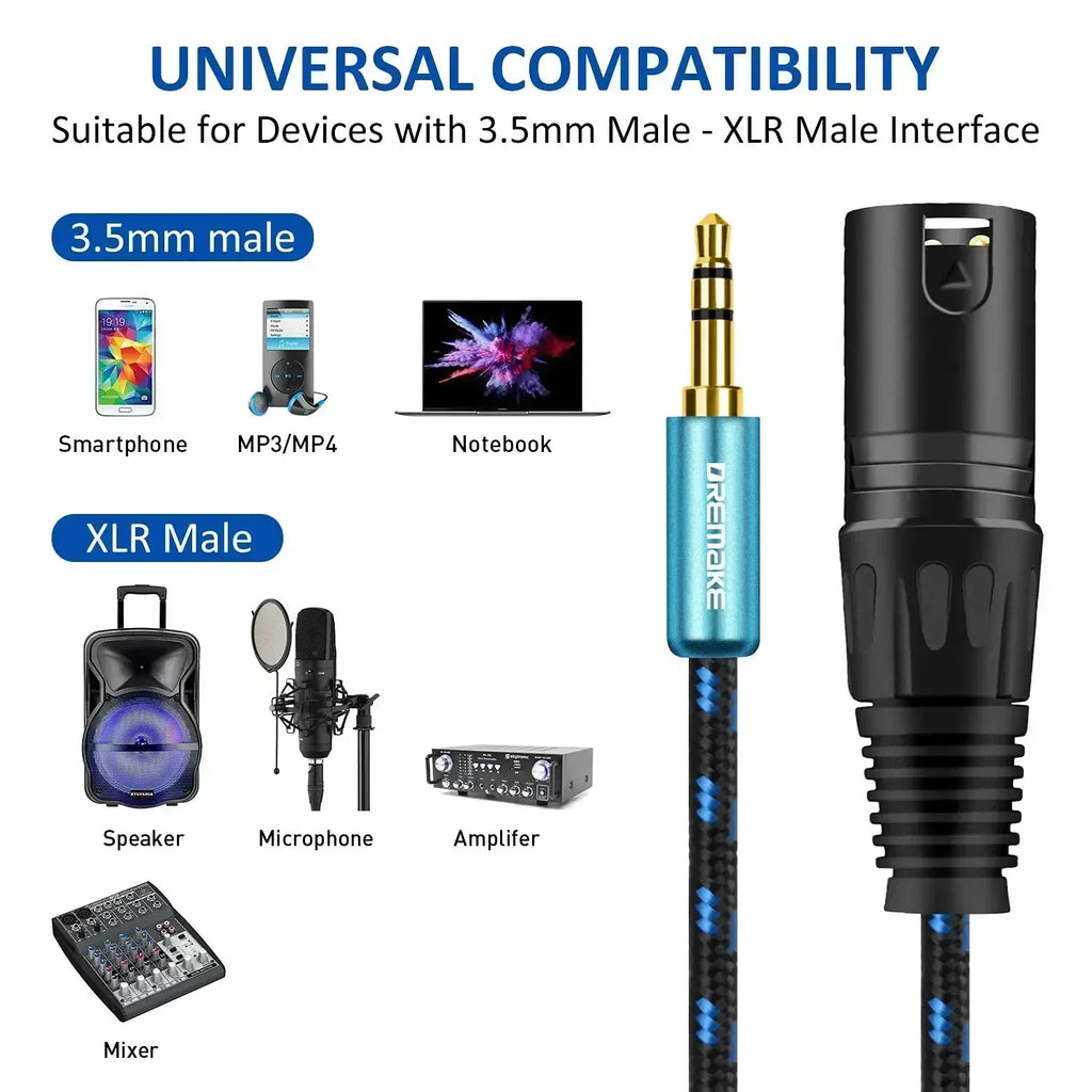 DREMAKE Aux 3,5 mm macho a XLR Cable de audio con enchufe macho de 3 pines XLR a 1/8 ''Mini Jack 3,5 mm Cable convertidor desequilibrado para altavoz