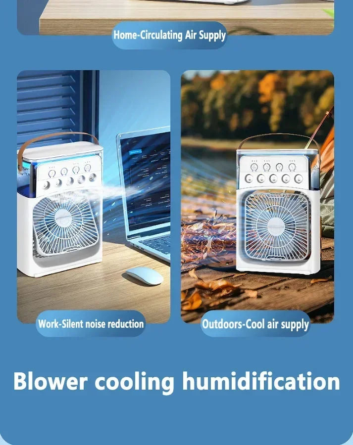 Ventilador 3 en 1 con Humidificador, Luz LED y Enfriamiento de Aire