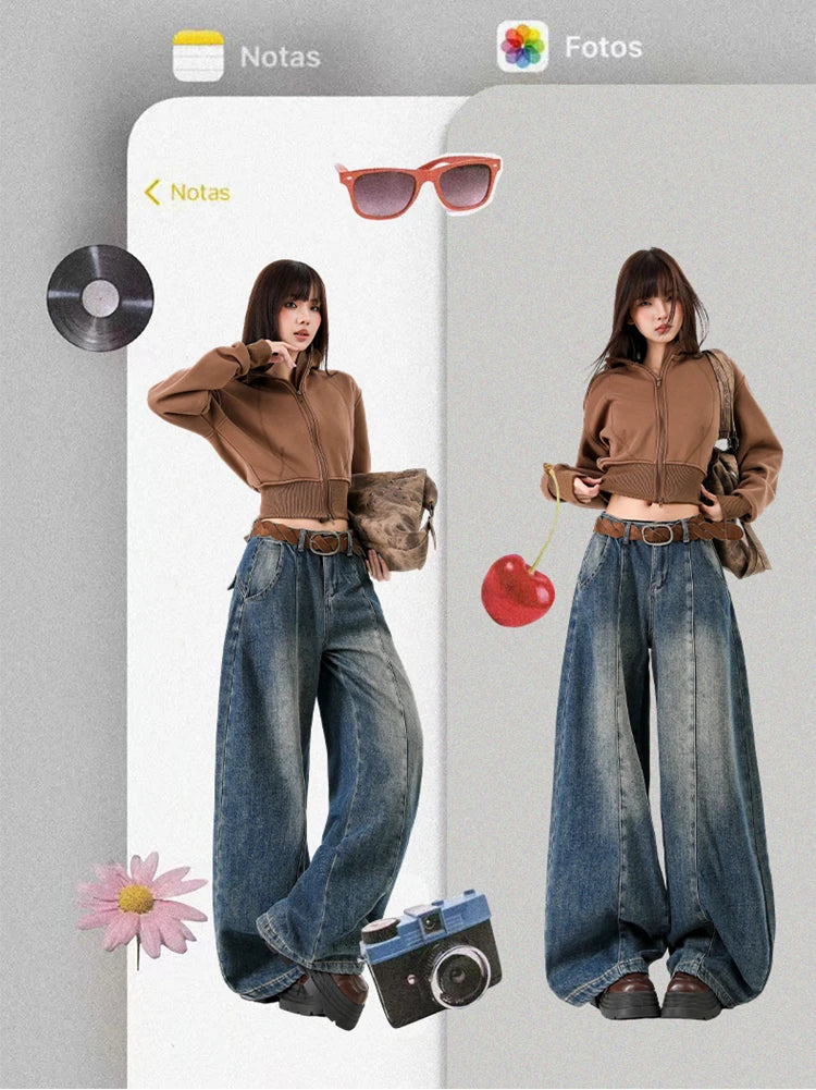 Pantalones Vaqueros Holgados Retro para Mujer, Corte Recto con Forro de Felpa