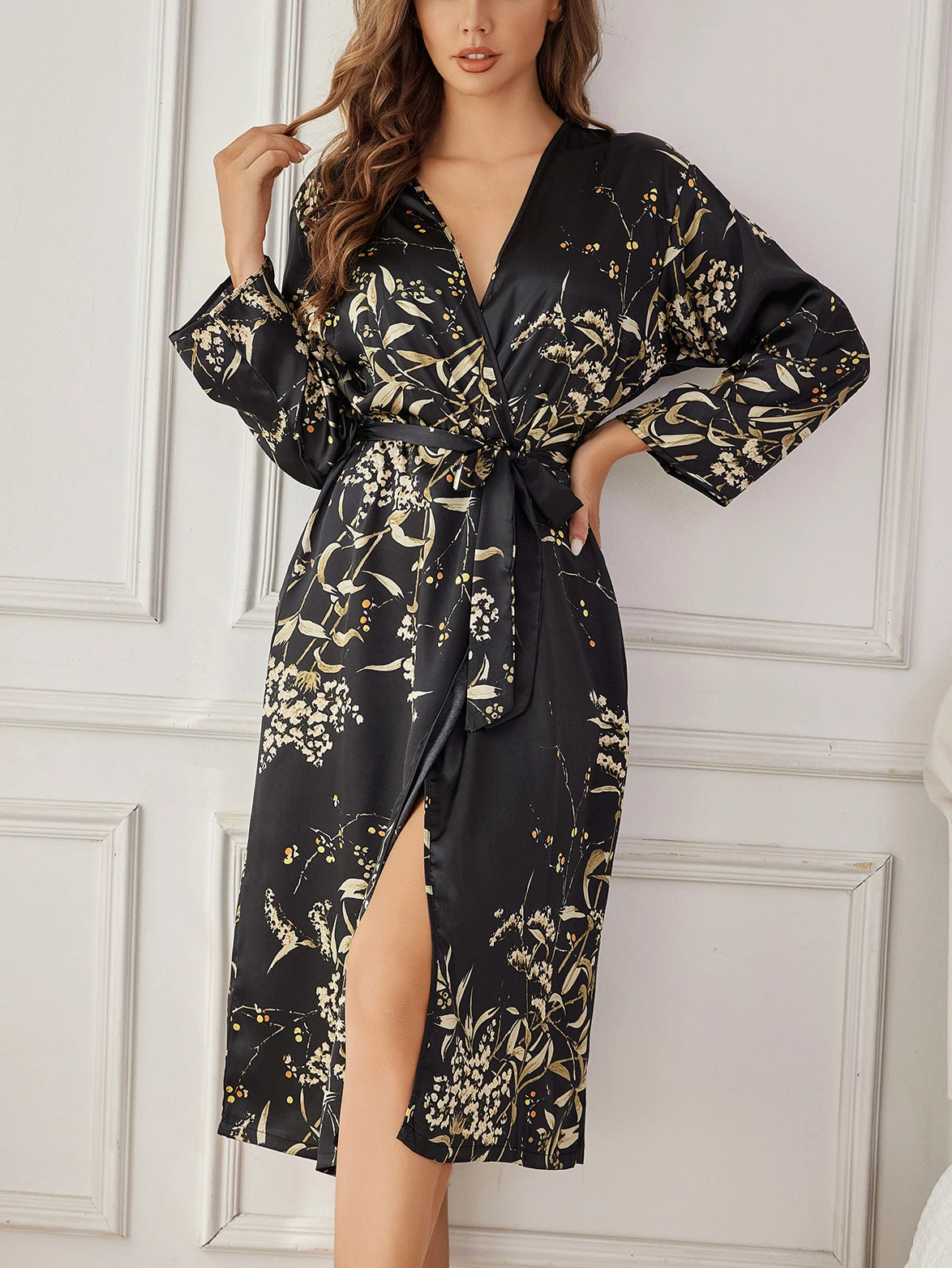 ‌   Conjunto de ropa de descanso floral de satén de seda, bata con cinturón, camisola, camisón, ropa de dormir elegante de dos piezas para todas las estaciones