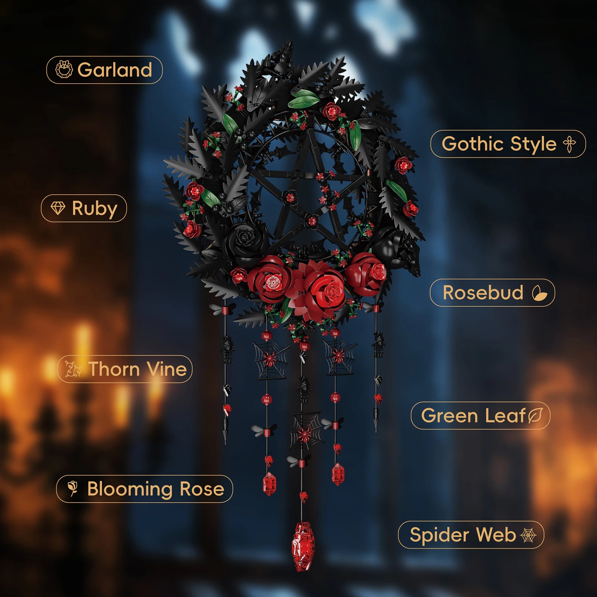 Set de Bloques de Construcción de Violín con Corona de Rosas y Cruz de la Serie Noche Gótica, Modelo MOC, Juguete de Ensamblaje, Adorno de Escritorio, Regalo de Cumpleaños