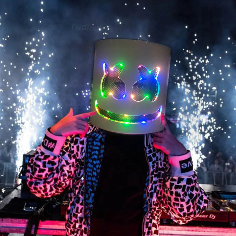 Máscara brillante de DJ Marshmello, barra de baile de Hip Hop, accesorios de espectáculo en club nocturno, máscara LED DIY de malvavisco Cos, máscara de DJ Disco para hombres, Disfraz