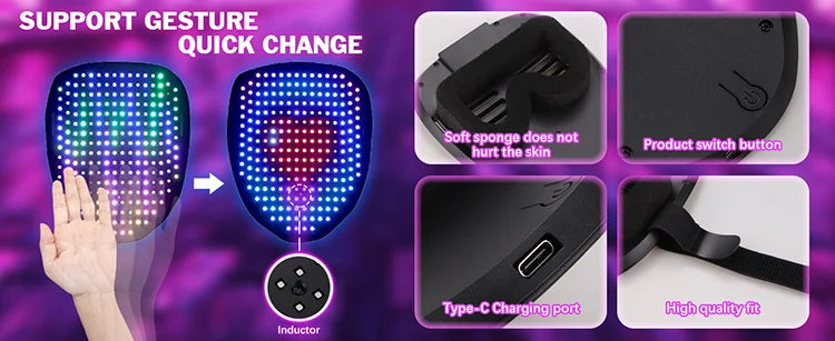 Máscara LED con detección de gestos que enciende la cara que transforma la máscara LED de Halloween para niños, hombres y mujeres, disfraz, fiesta de disfraces