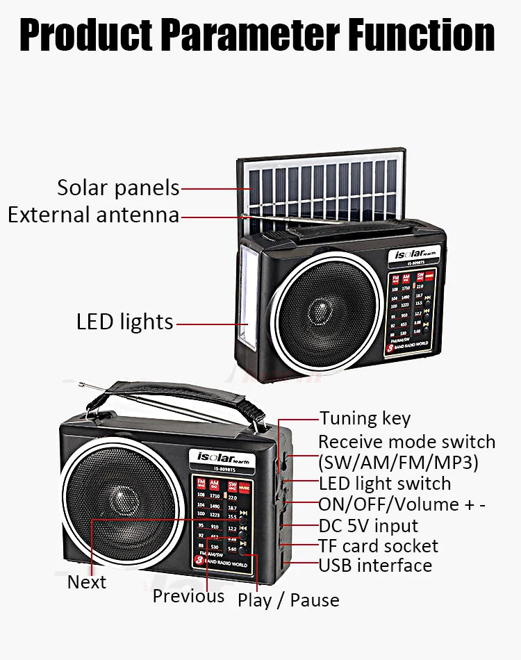 Radio portátil FM/AM/SW solar de emergencia con altavoz Bluetooth
