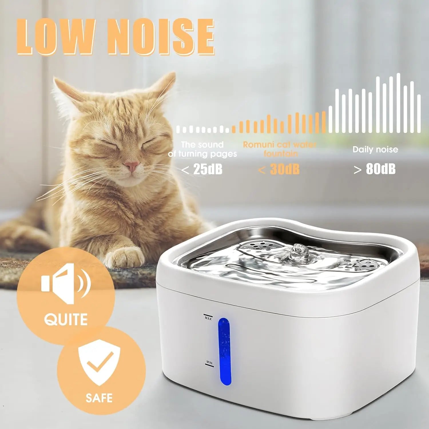 Fuente de agua para gatos de 2,5l/84oz, dispensador automático de agua para mascotas con bandeja de acero inoxidable, dispensador de agua potable silencioso para perros y gatos