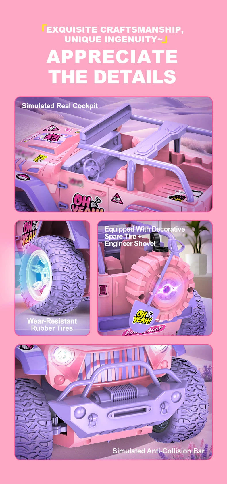 Coche RC Rosa 1:16 Todoterreno con Luces y Efecto Vapor