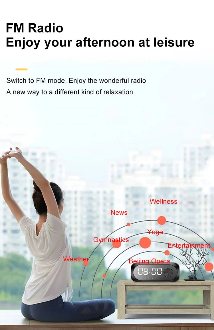 Parlante Bluetooth FM con Reloj Despertador y Subwoofer Portátil