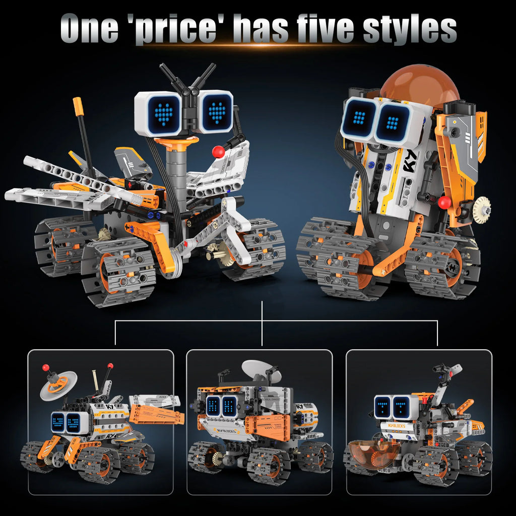 Kit de construcción de robot espacial 5 en 1 con pantalla LED, control remoto de programación Bluetooth: juguete STEM, el regalo de Navidad perfecto
