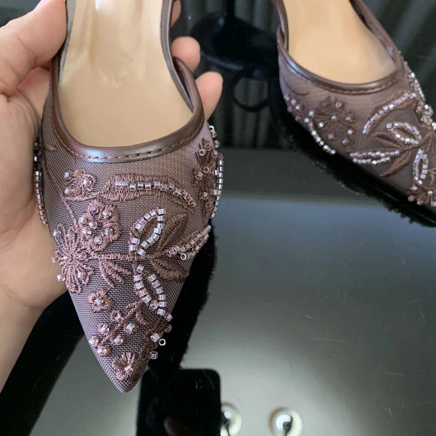Sandalias de Tacón Alto con Malla Bordada y Cuentas para Mujer