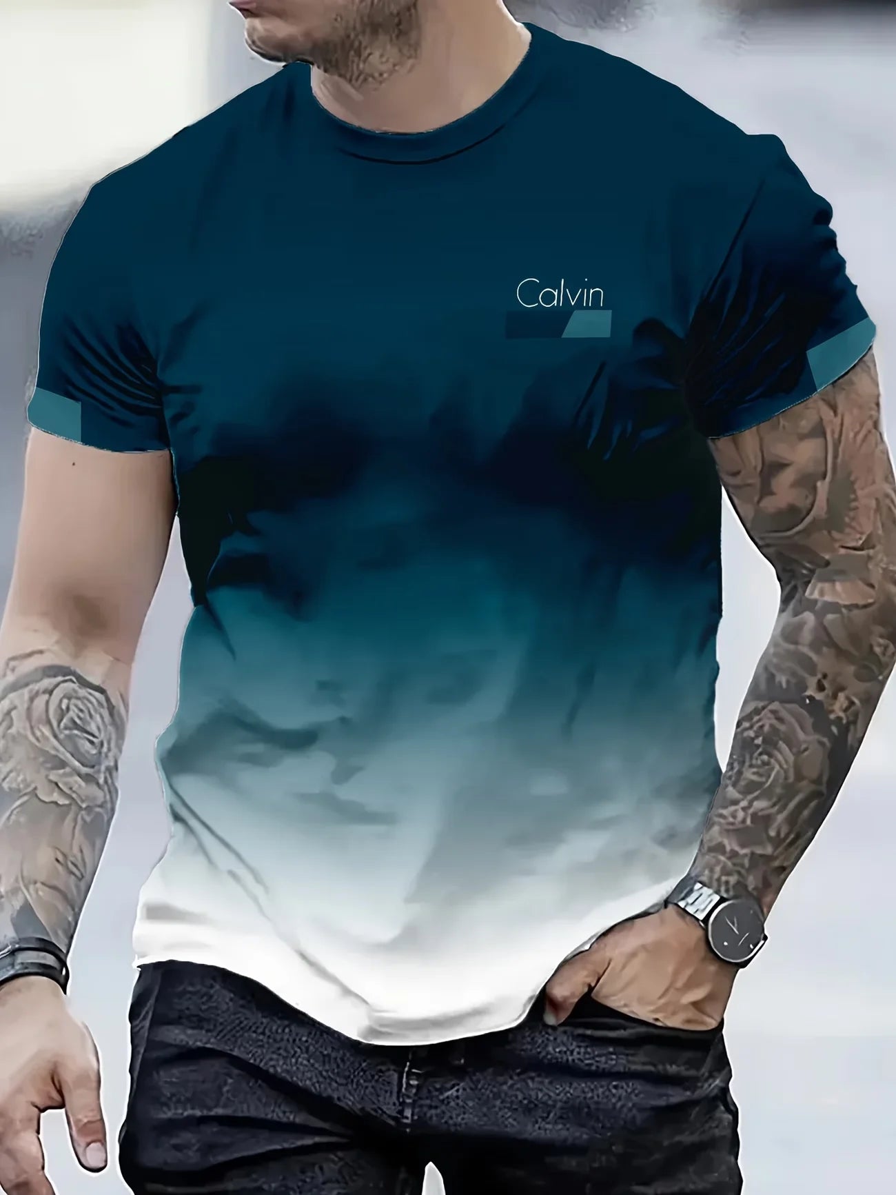 Camiseta 3D Degradado para Hombre, Estampado Ondas Turquesa y Dorado