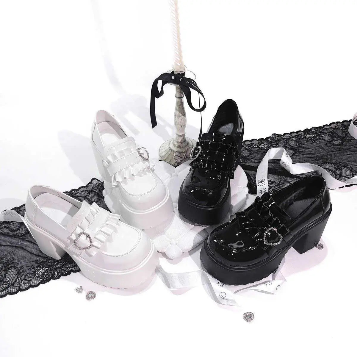 Zapatos Mary Jane Lolita de Plataforma con Hebilla Corazón para Mujer