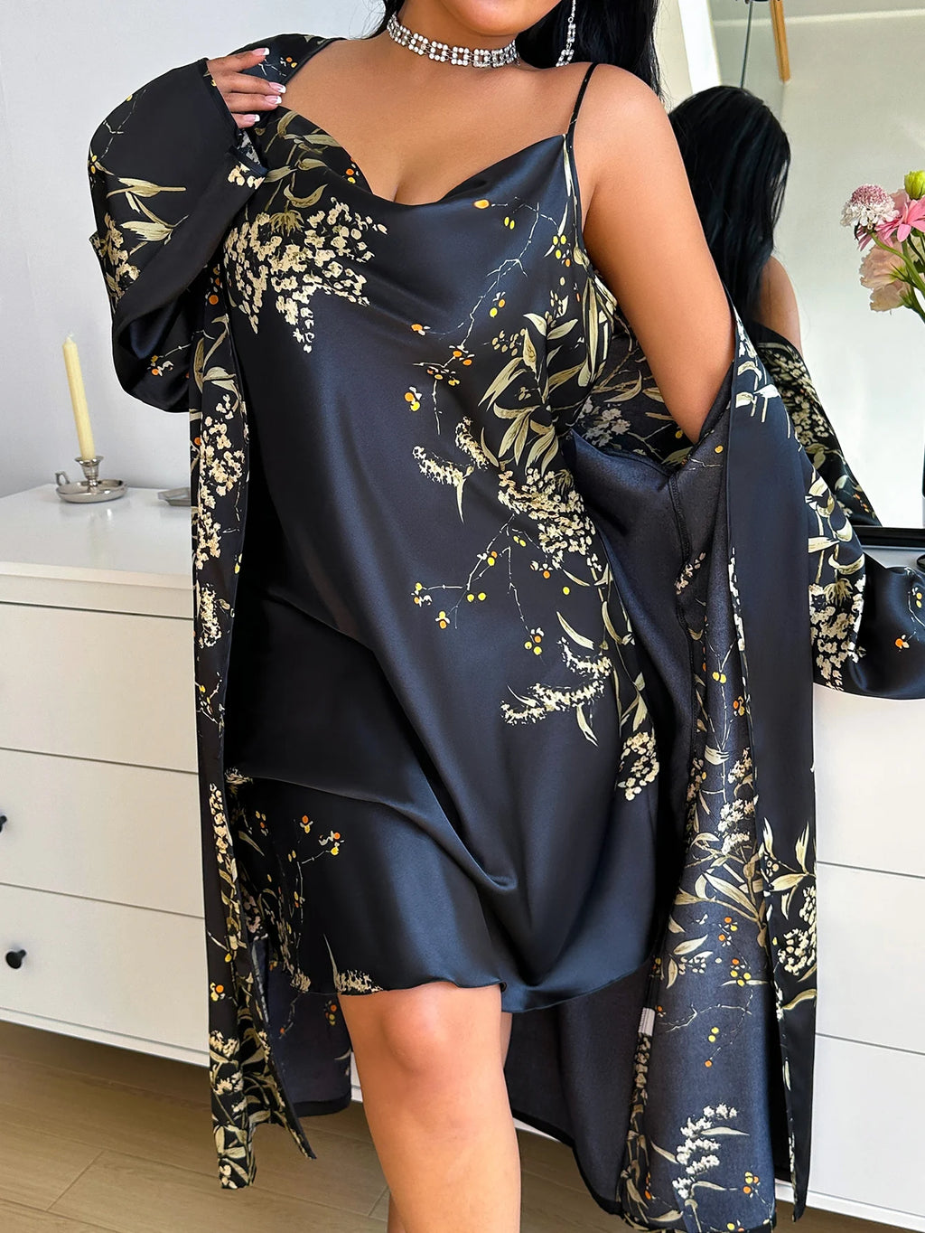 Pijama de Dos Piezas para Mujer Talla Grande, Estampado Floral