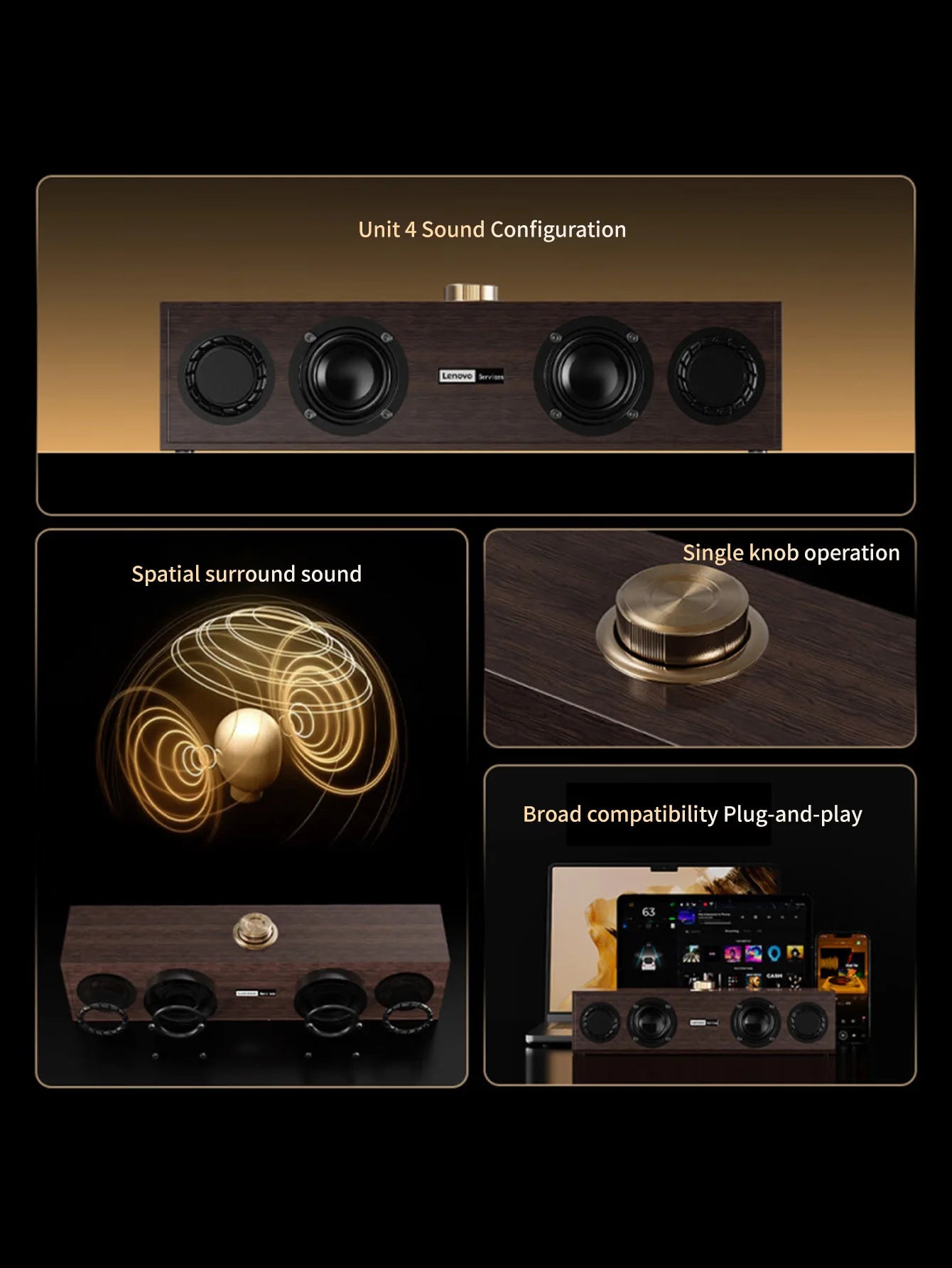 Altavoz multimedia Lenovo C02, altavoz Bluetooth, altavoz de modo dual con cable/Bluetooth, altavoz retro universal para TV, computadora y teléfono móvil, subwoofer