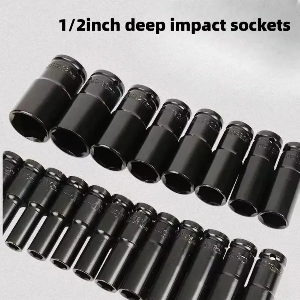 Juego de 10 Llaves de Impacto Profundas Métricas de 1/2 Pulgada, Resistentes y Universales, para Herramientas Neumáticas de Reparación