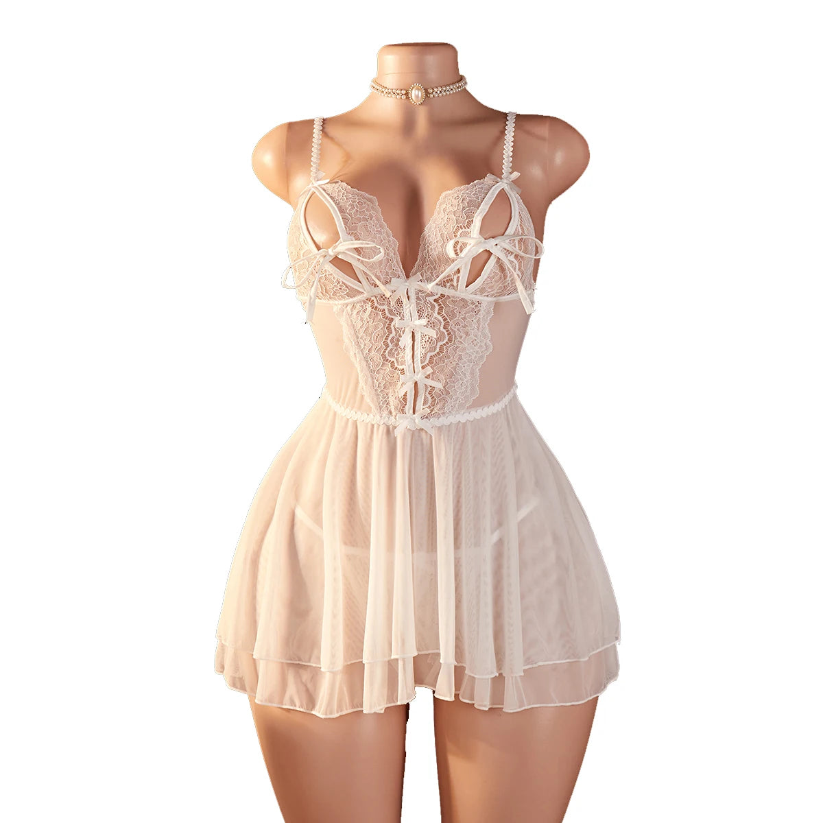 Babydoll de Malla Transparente con Cordones y Volantes para Mujer