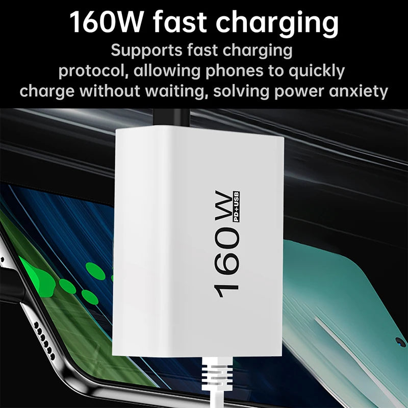 Cargador Rápido 160W 7 Puertos USB y USB-C, QC3.0, Pared Universal