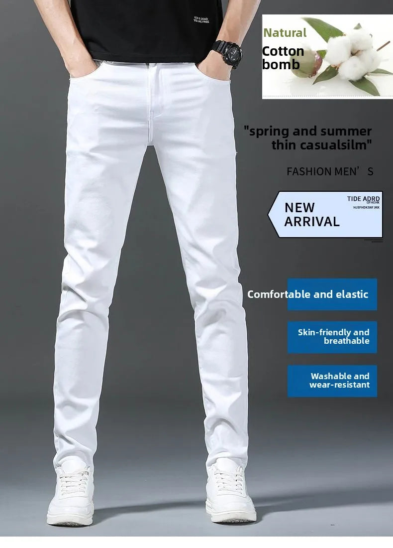 Pantalones Vaqueros Rectos con Cintura Elástica para Hombre, Blancos