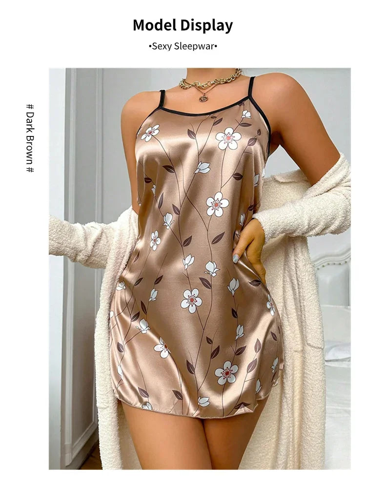 Ropa de dormir para mujer, camisón de satén con estampado Floral de verano, vestido de noche informal sin mangas con espalda descubierta, camisón Sexy, ropa para el hogar